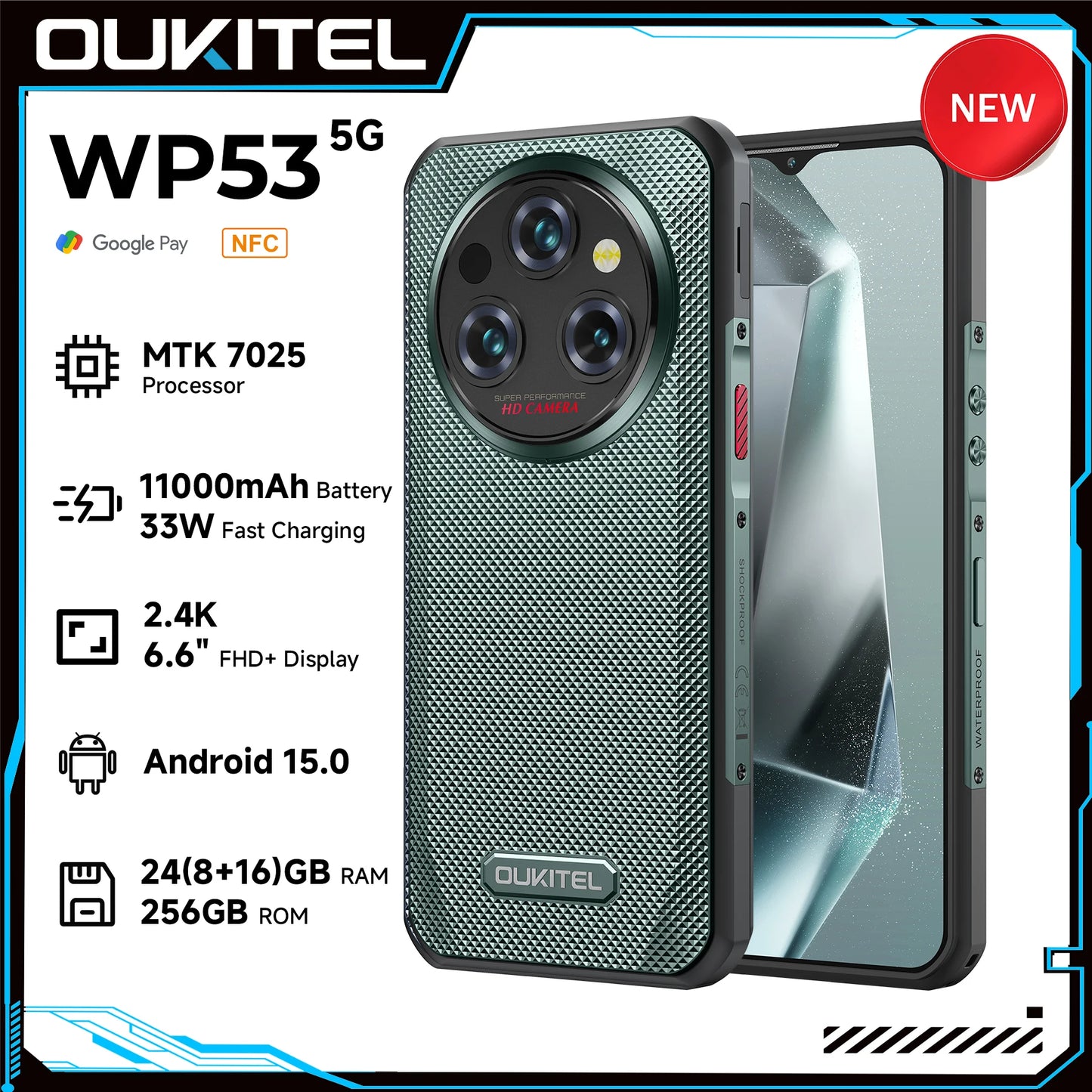 Oukitel WP35 Rugged Phone - MTK 7025, 5G, 11000mAh, 6.6" FHD+, 24GB + 256GB, 108MP, NFC Android 15 Smartphone