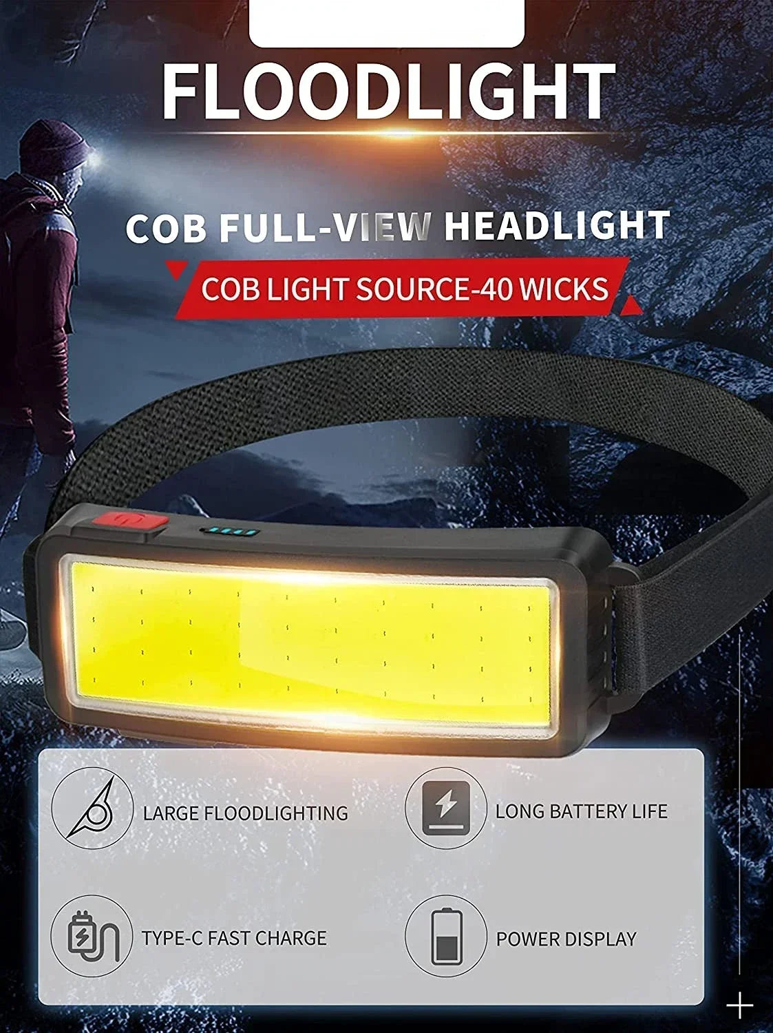 COB 180° Floodlight LED Headlamp FlashlightFlashlight 3 Modes Built-in USB Rechargeable Battery Head Lamp Hiking Camping Lamp