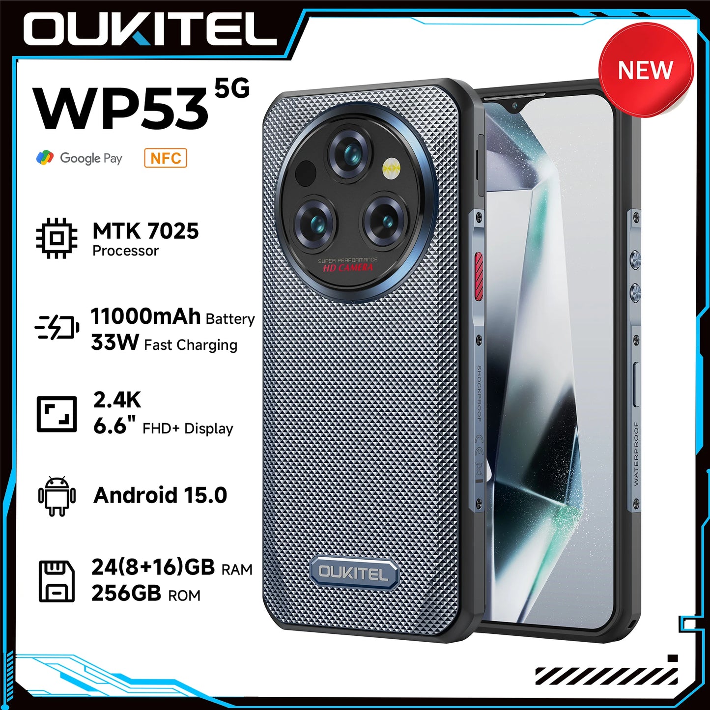 Oukitel WP35 Rugged Phone - MTK 7025, 5G, 11000mAh, 6.6" FHD+, 24GB + 256GB, 108MP, NFC Android 15 Smartphone