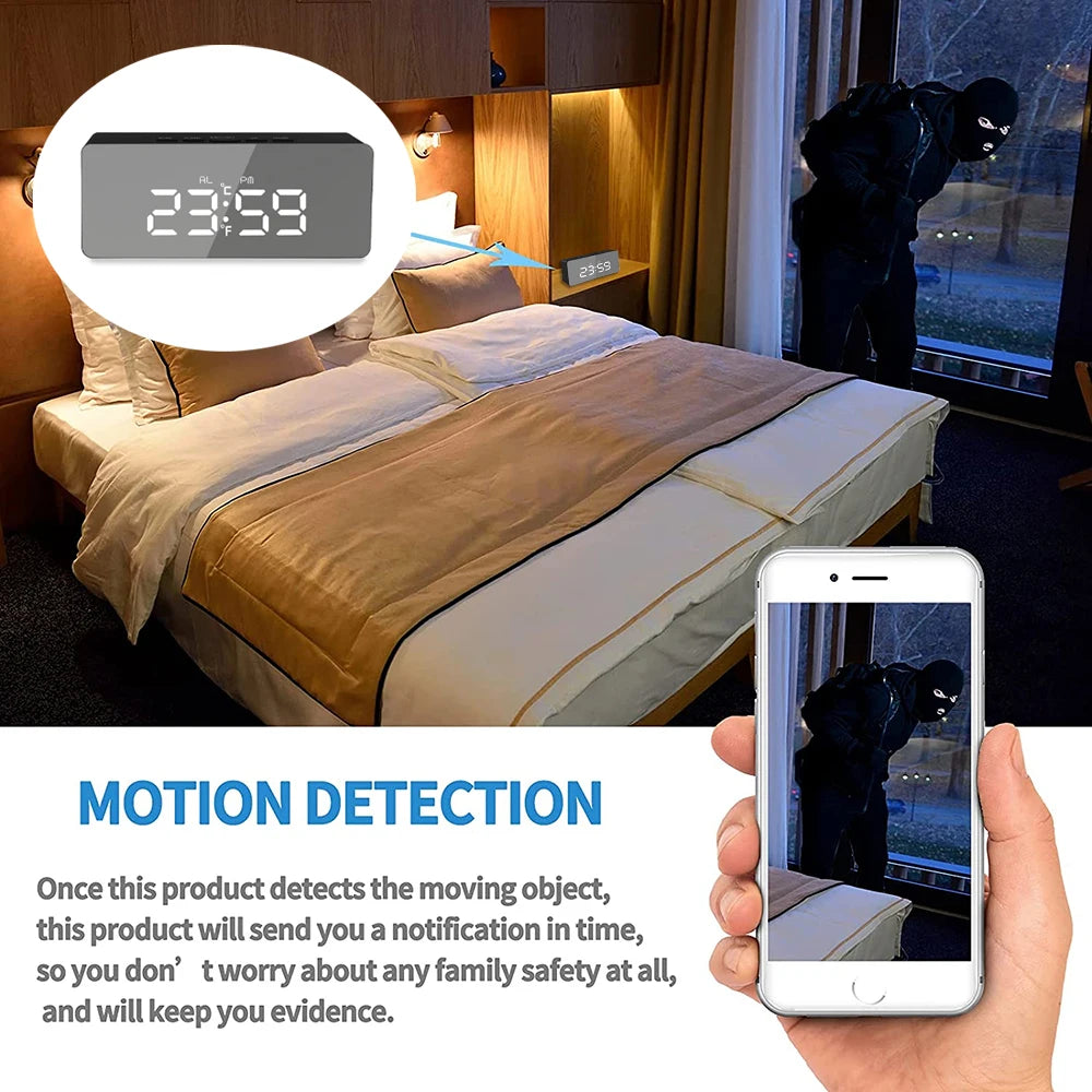1080P HD Wifi Clock Tempeture Monitoring Camera Home Security Nanny Camera Motion Detection Alarm Clock USB Cable Power Supply