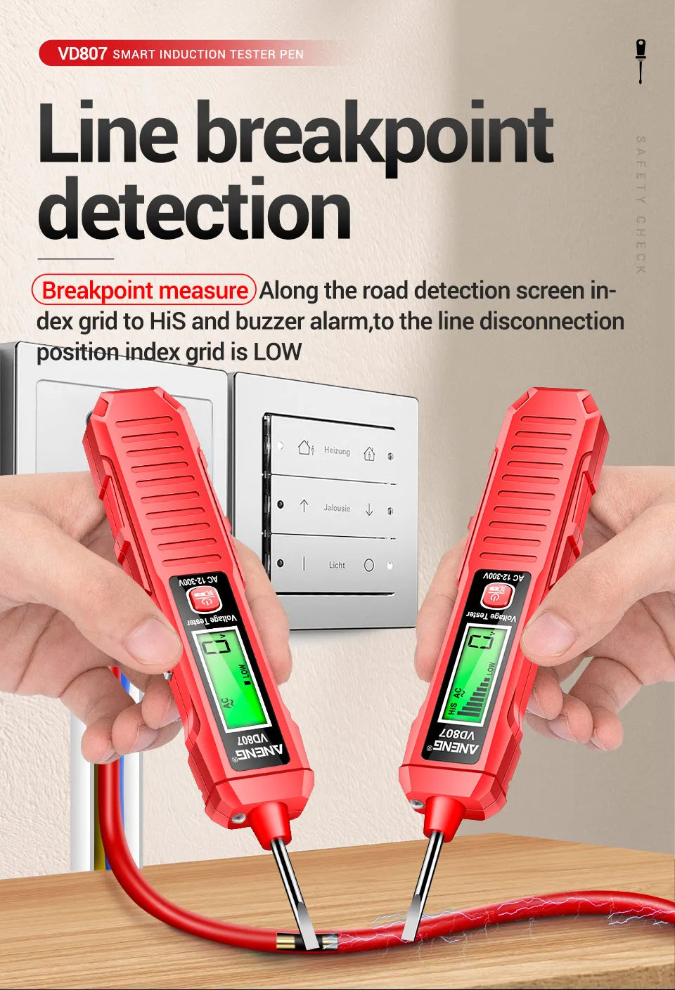 ANENG VD807 One-word Induction Tester Portable 50/60Hz Smart Electric Pen NCV Sensor AC 12-300V Non-contact Wire Detector Tools