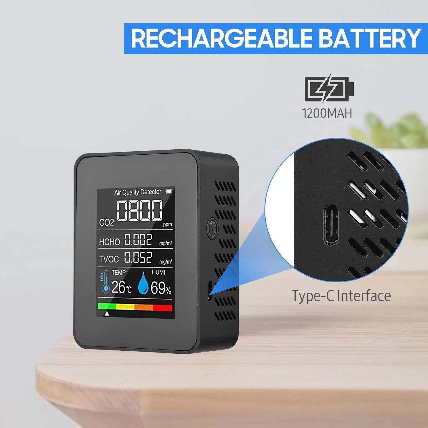 Multifunctional 5in1 CO2 Meter Digital Temperature Humidity Tester Carbon Dioxide TVOC HCHO Detector Air Quality Monitor