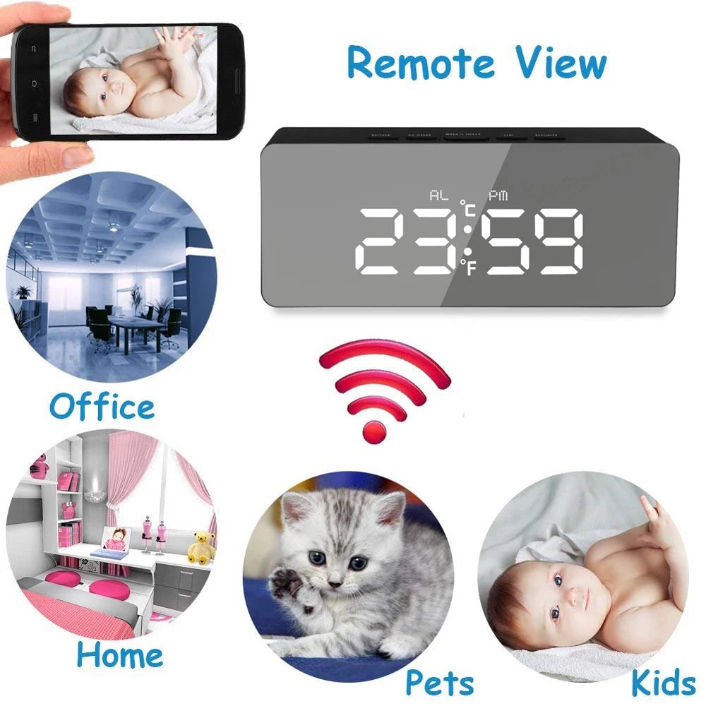 1080P HD Wifi Clock Tempeture Monitoring Camera Home Security Nanny Camera Motion Detection Alarm Clock USB Cable Power Supply
