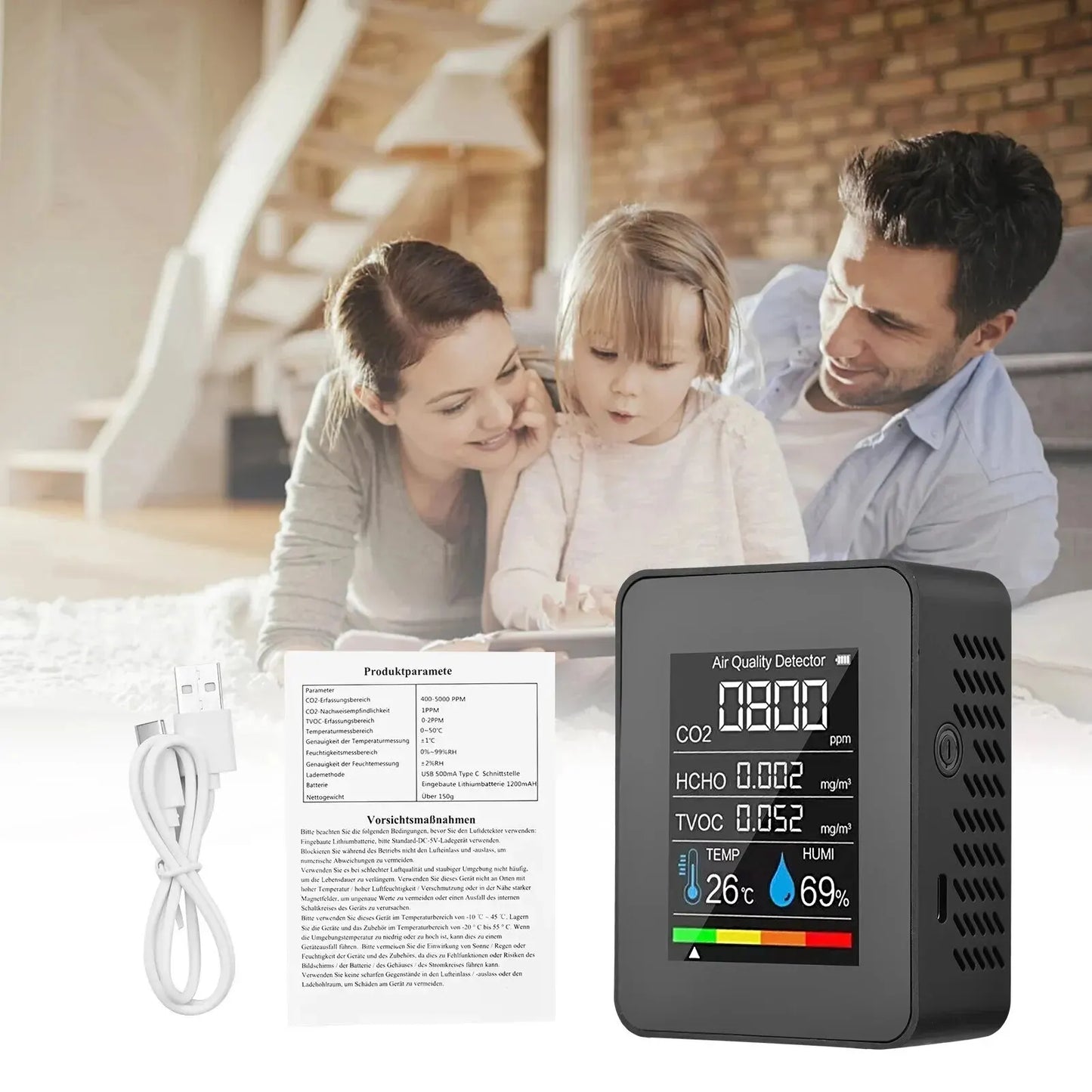 Multifunctional 5in1 CO2 Meter Digital Temperature Humidity Tester Carbon Dioxide TVOC HCHO Detector Air Quality Monitor