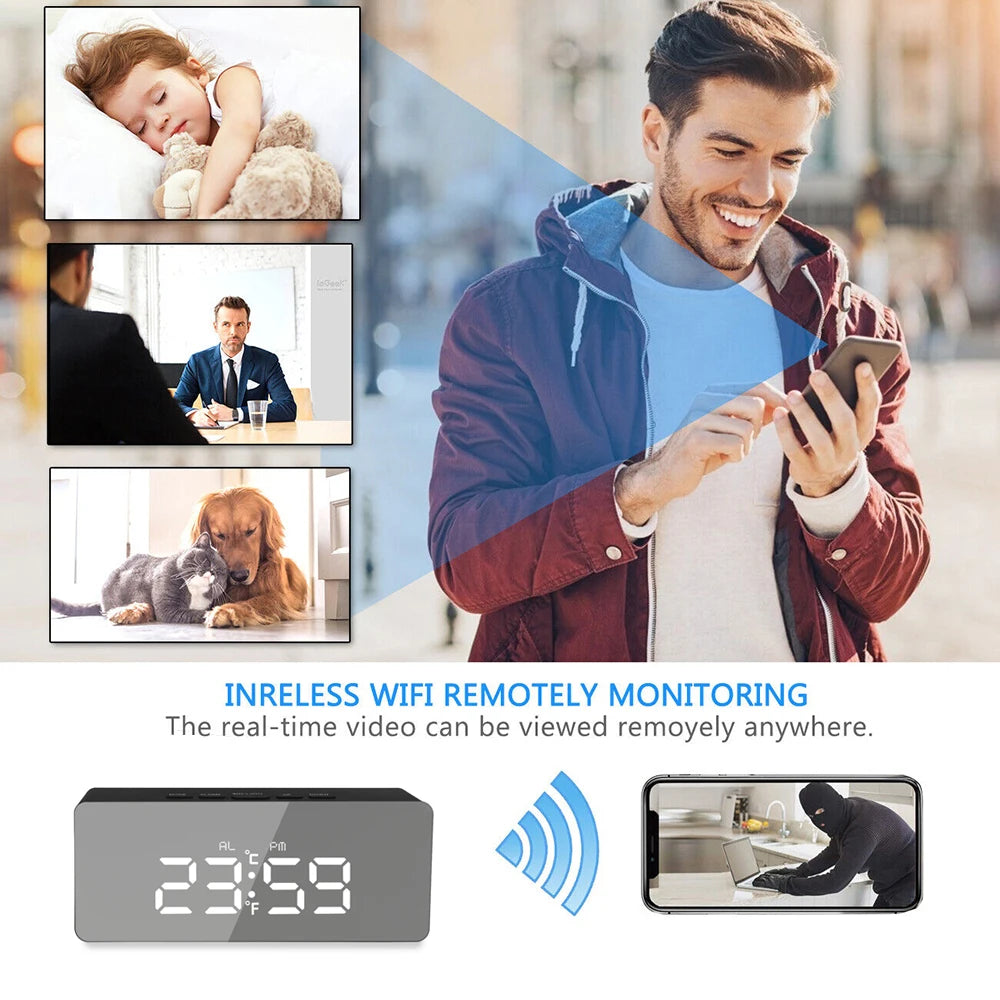1080P HD Wifi Clock Tempeture Monitoring Camera Home Security Nanny Camera Motion Detection Alarm Clock USB Cable Power Supply