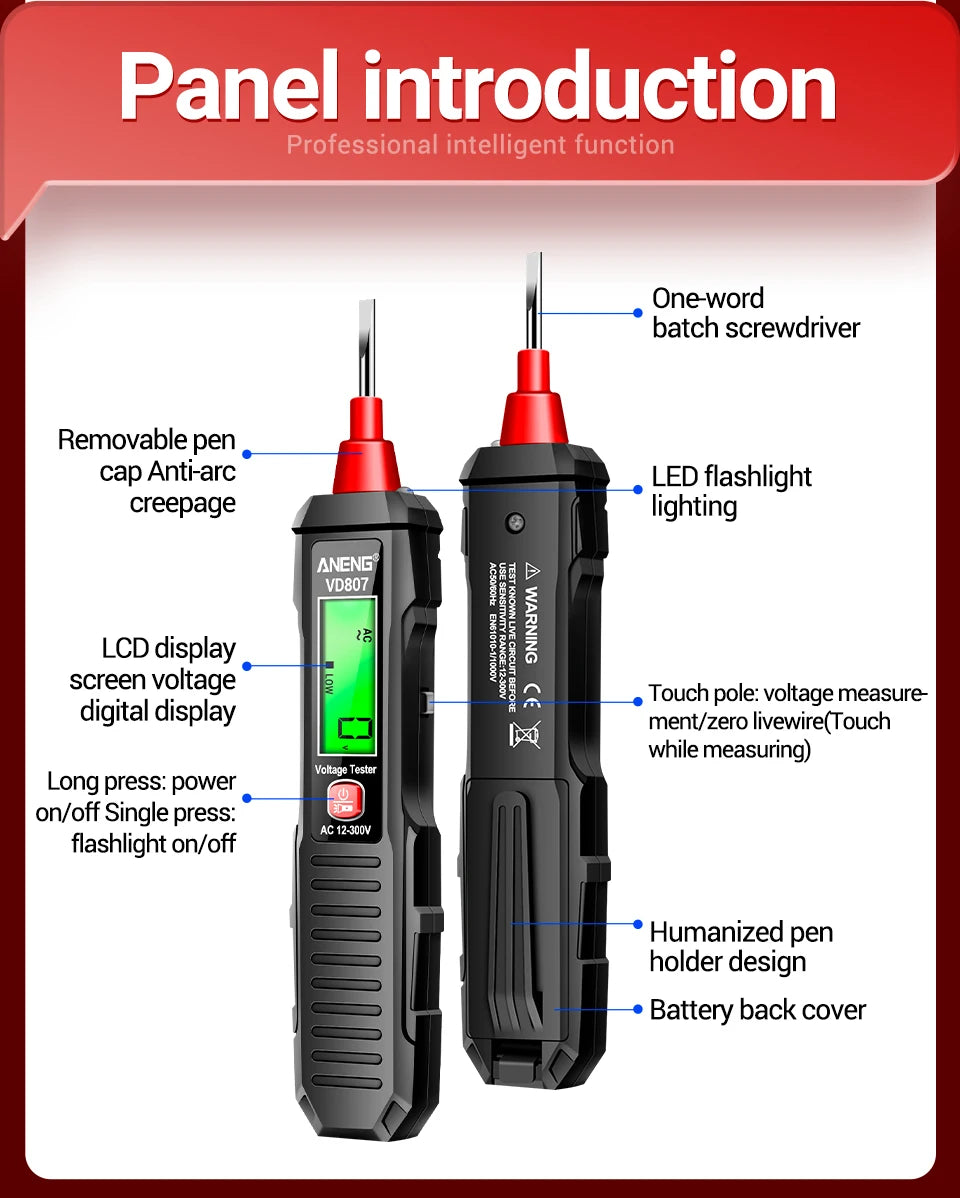 ANENG VD807 One-word Induction Tester Portable 50/60Hz Smart Electric Pen NCV Sensor AC 12-300V Non-contact Wire Detector Tools