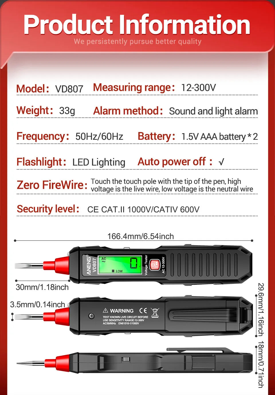 ANENG VD807 One-word Induction Tester Portable 50/60Hz Smart Electric Pen NCV Sensor AC 12-300V Non-contact Wire Detector Tools