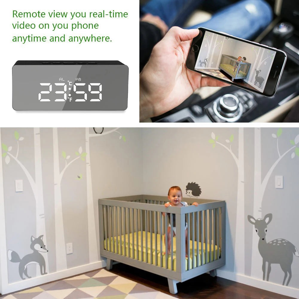 1080P HD Wifi Clock Tempeture Monitoring Camera Home Security Nanny Camera Motion Detection Alarm Clock USB Cable Power Supply