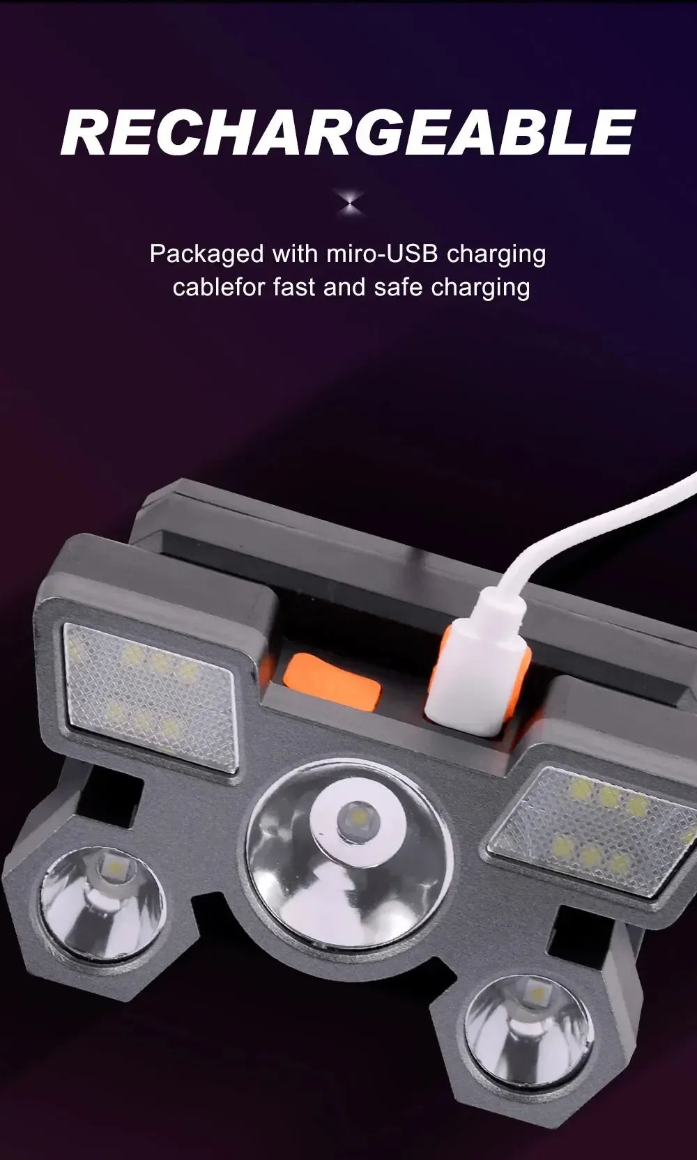 5LED Bright Headlamp Rechargeable Waterproof Adjustable 4Modes Lightweight for Outdoor Camping Running Hiking