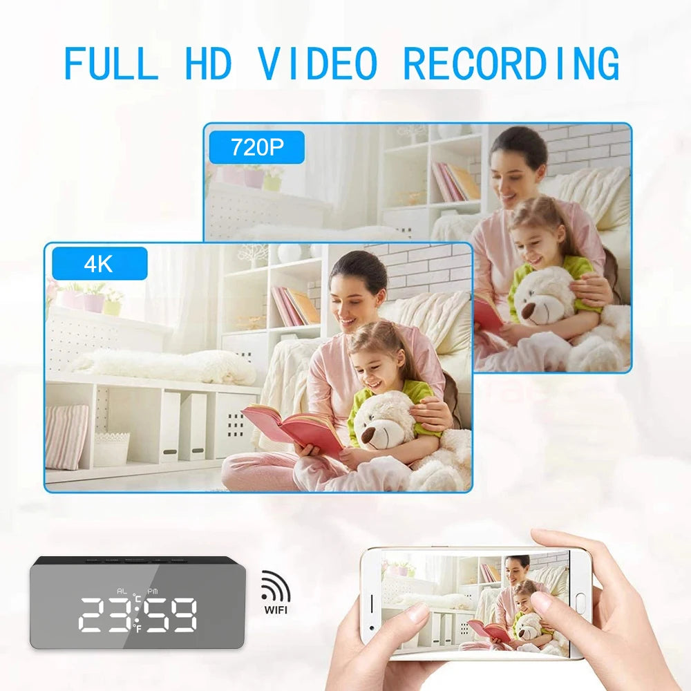 1080P HD Wifi Clock Tempeture Monitoring Camera Home Security Nanny Camera Motion Detection Alarm Clock USB Cable Power Supply