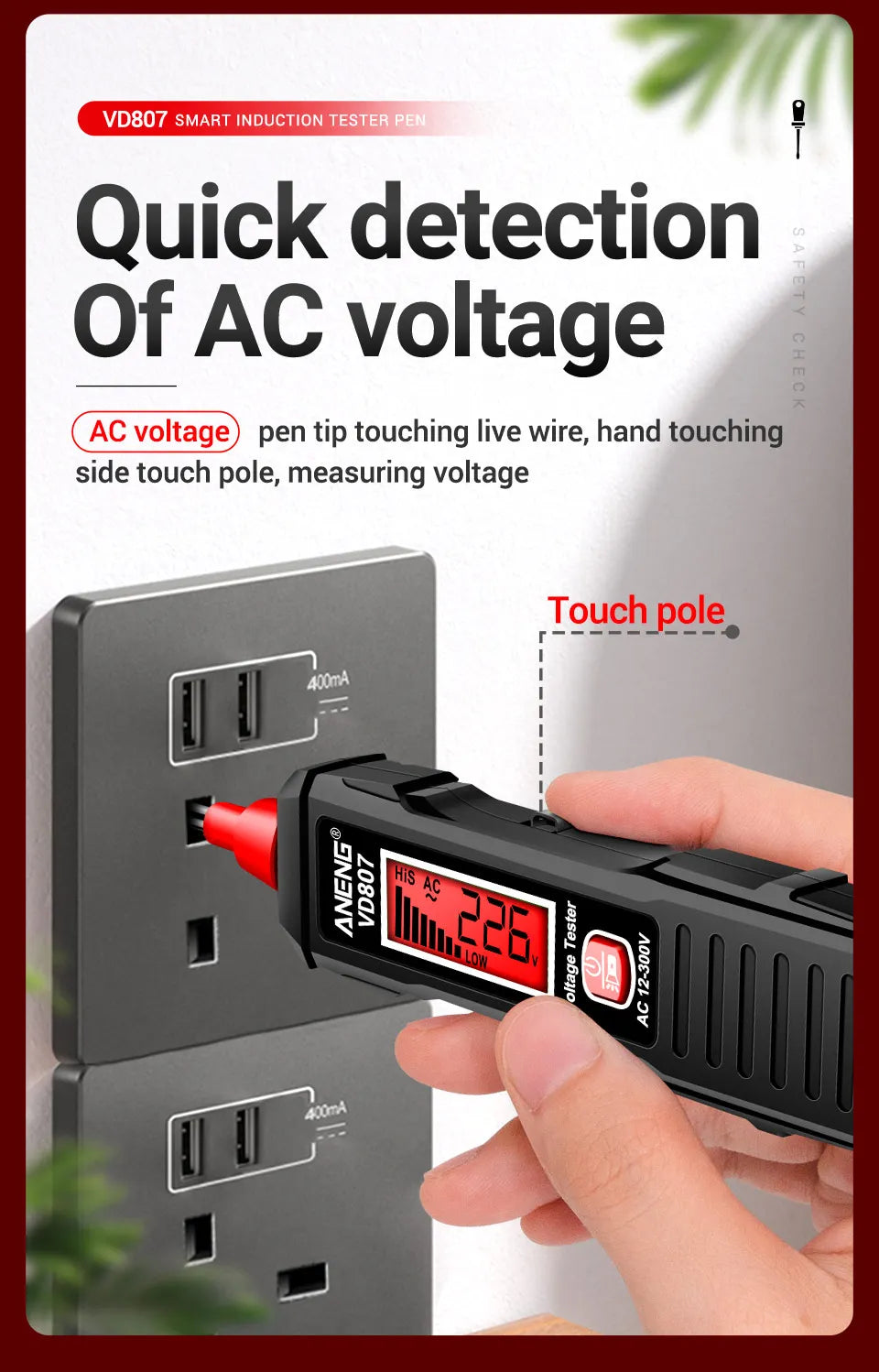 ANENG VD807 One-word Induction Tester Portable 50/60Hz Smart Electric Pen NCV Sensor AC 12-300V Non-contact Wire Detector Tools