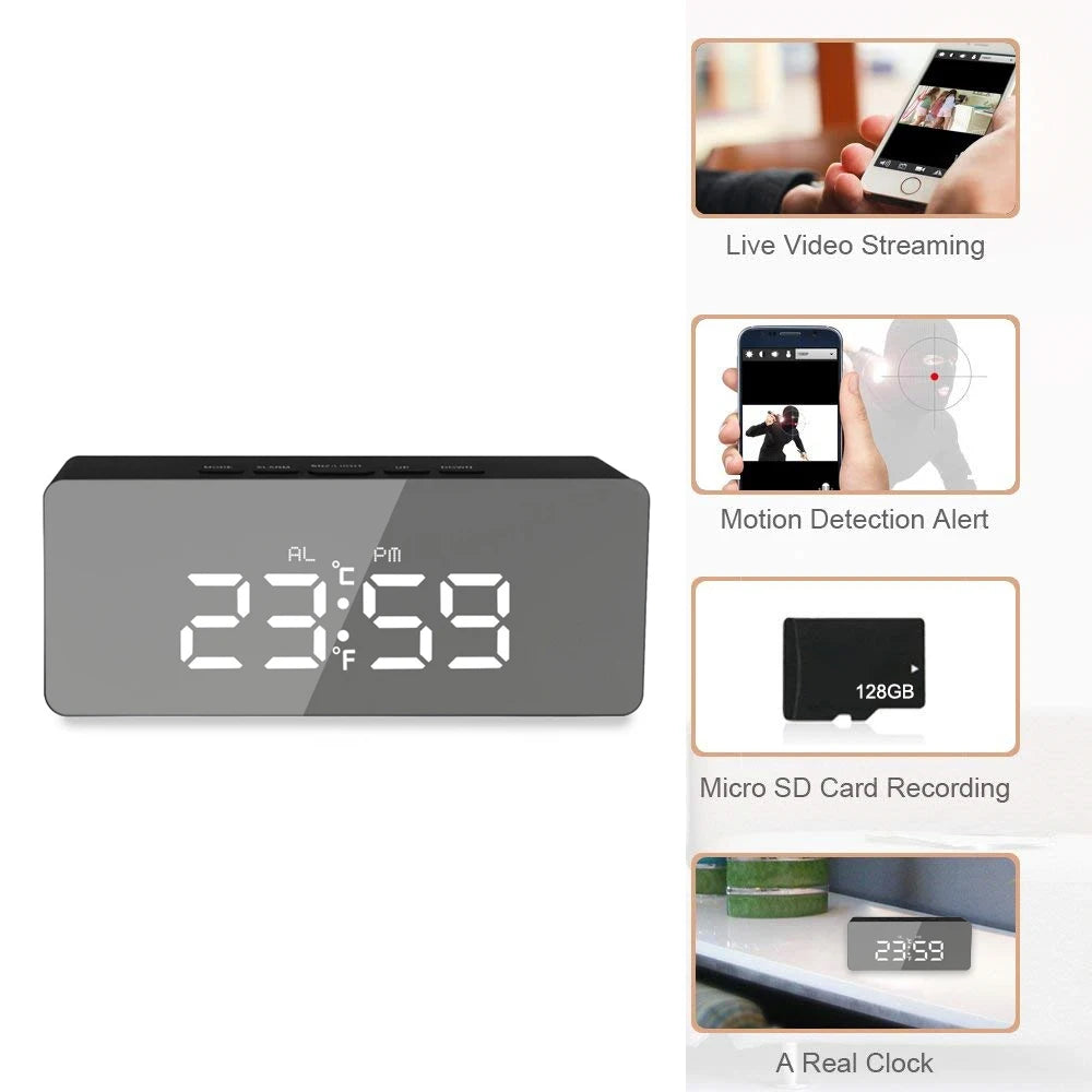 1080P HD Wifi Clock Tempeture Monitoring Camera Home Security Nanny Camera Motion Detection Alarm Clock USB Cable Power Supply