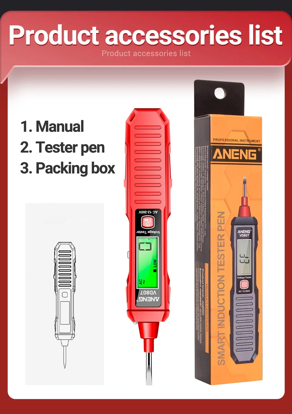 ANENG VD807 One-word Induction Tester Portable 50/60Hz Smart Electric Pen NCV Sensor AC 12-300V Non-contact Wire Detector Tools