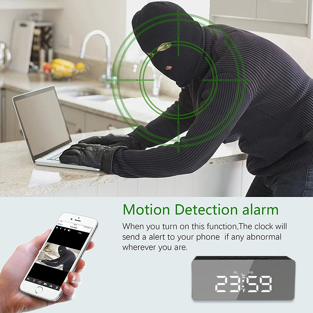1080P HD Wifi Clock Tempeture Monitoring Camera Home Security Nanny Camera Motion Detection Alarm Clock USB Cable Power Supply