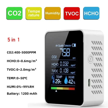 Multifunctional 5in1 CO2 Meter Digital Temperature Humidity Tester Carbon Dioxide TVOC HCHO Detector Air Quality Monitor