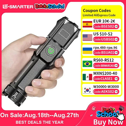 Telescopic Zoom Tactical Flashlights Rechargeable LED Torch 4 Lighting Modes Long-Range Waterproof Camping Fishing Flashlight