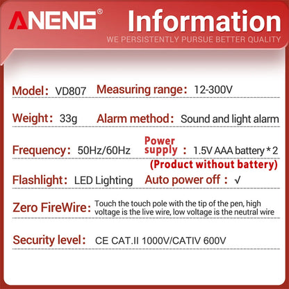 ANENG VD807 One-word Induction Tester Portable 50/60Hz Smart Electric Pen NCV Sensor AC 12-300V Non-contact Wire Detector Tools
